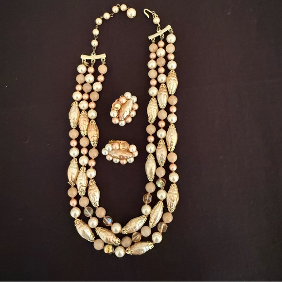 Vintage Demi Parure-3 Strand Necklace & Earrings - Picture 1 of 9